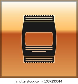 Black Bag of food icon isolated on gold background. Food for animals. Pet food package. Vector Illustration