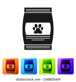 Black Bag Of Food For Pet Icon Isolated On White Background. Food For Animals. Pet Food Package. Dog Or Cat Paw Print. Set Icon In Color Square Buttons. Vector Illustration