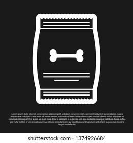 Black Bag of food for pet icon isolated on black background. Food for animals. Dog bone sign. Pet food package. Vector Illustration