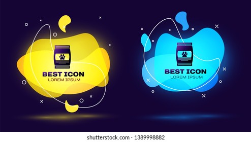 Black Bag of food for pet icon isolated on blue background. Food for animals. Pet food package. Dog or cat paw print. Set of liquid color abstract geometric shapes. Vector Illustration