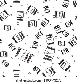 Black Bag of food for pet icon isolated seamless pattern on white background. Food for animals. Dog bone sign. Pet food package. Vector Illustration