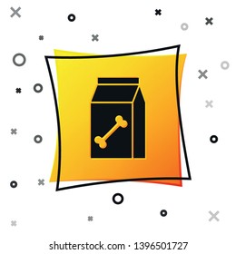 Black Bag of food for pet icon isolated on white background. Food for animals. Dog bone sign. Pet food package. Yellow square button. Vector Illustration