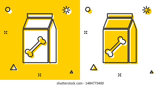Black Bag of food for pet icon isolated on yellow and white background. Food for animals. Dog bone sign. Pet food package. Random dynamic shapes. Vector Illustration