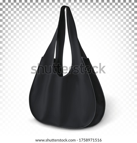 Black bag standing on the surface. Eco shopping bag. Mock up, template for logo presentation, design. Vector 3d illustration isolated on white transparent background.