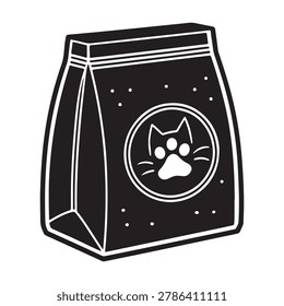 Black bag with white cat face on front pet food packaging illustration