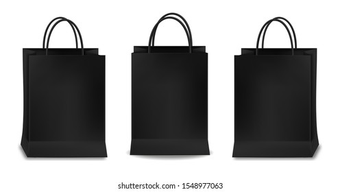 Black bags set, isolated, packaging mockup, package design, shop object vector illustration