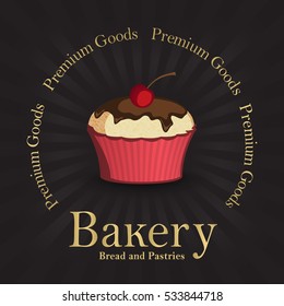 Black bakery background with gold color text and vanilla cupcake with chocolate icing and cherry