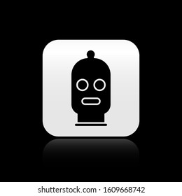 Black Balaclava icon isolated on black background. A piece of clothing for winter sports or a mask for a criminal or a thief. Silver square button. Vector Illustration