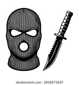Black balaclava ski mask and serrated dagger knife on white background, menacing duo