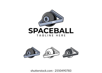 black ball billiard surrounded triangle rack logo design. 8 pool ball with triangle shelf element design. black ball snooker with rack icon illustration logo for billiard sport club and tournament