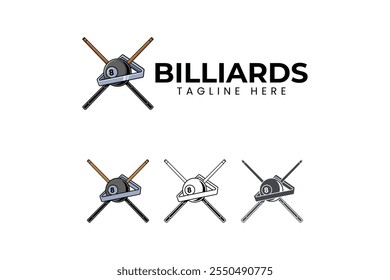 black ball billiard with triangle rack and sticks logo design. 8 pool ball with shelf and cue element design. black ball snooker with rack icon illustration logo for billiard sport club and tournament