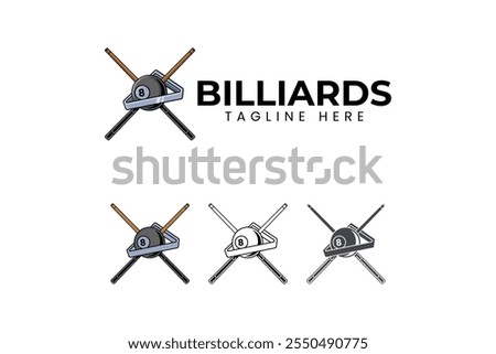 black ball billiard with triangle rack and sticks logo design. 8 pool ball with shelf and cue element design. black ball snooker with rack icon illustration logo for billiard sport club and tournament