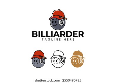 black ball billiard wearing cap mascot logo design. 8 pool ball with hat and stick character element design. black ball snooker head icon illustration logo for billiard sport club and tournament