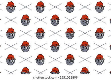 black ball head wearing hat with billiard stick crossed seamless pattern on white background. ball pool with cap, cue pool crossed illustration pattern background for billiard decor and merchandise 
