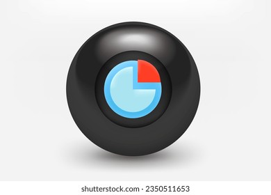 Black ball with shining pie chart icon. 3d vector illustration 