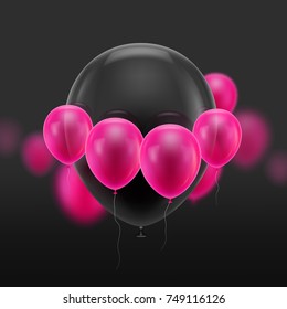 Black ball surrounded small pink. Huge soaring inflatable balloon surrounded by cloud of small pink ones. Vector illustration on black background