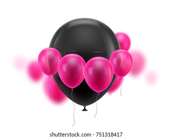 Black ball surrounded small pink. Huge soaring inflatable balloon surrounded by cloud of small pink ones. Vector illustration on white background