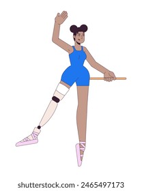 Bailarina negra con prótesis de pierna 2D personaje de dibujos animados lineal. Danza femenina afroamericana línea aislada persona de Vector de fondo blanco. Ilustración de mancha plana de color de vida con discapacidad