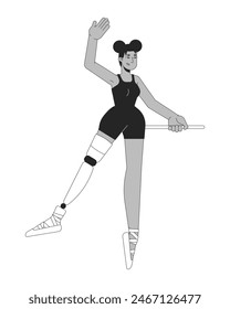 Bailarina negra con prótesis de pierna personaje de dibujos animados de línea 2D en blanco y negro. Danza femenina afroamericana aislada de la persona del contorno del Vector. Ilustración monocromática de la mancha plana de la vida con discapacidad