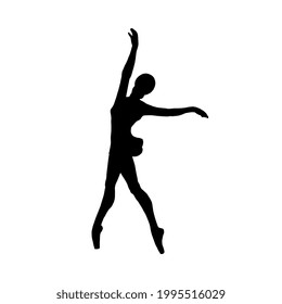 Black ballerina silhouette. Girl dancer ballet in pointe shoes and tutu performing on stage. Vector isolated illustration for logo, stickers or stencil.