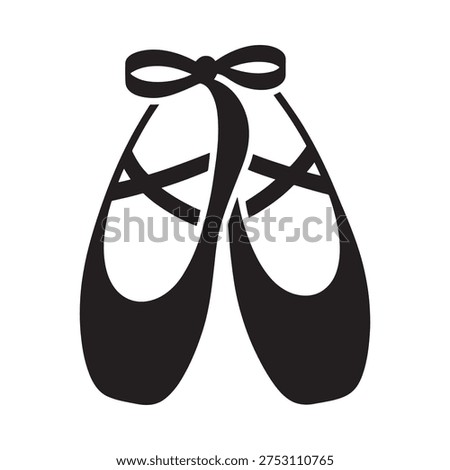 Black ballet shoes with ribbons displayed in a simple graphic style