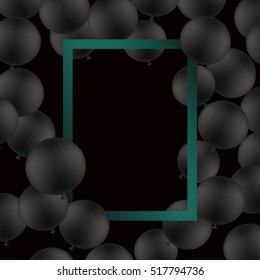 Black ballons on black background with mockup. Black Friday Sale Poster with Shiny Balloons on black Background with Square Frame. Vector illustration.