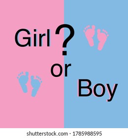 Black balloon with a baby is... text. Baby gender reveal party background. Baby foot blue and pink foot prints