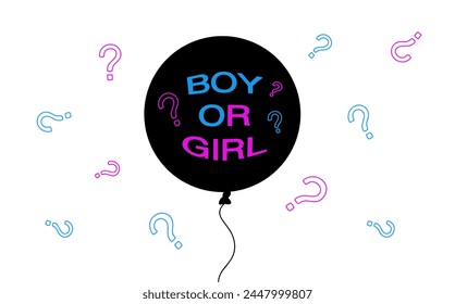 Black balloon with colored inscriptions. Surprise ball. Disclosure of information about the gender of the unborn child. Color vector illustration.