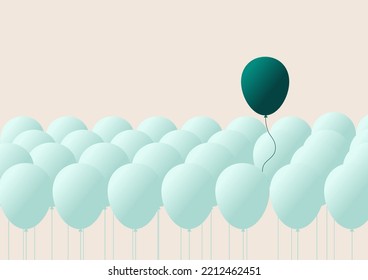 a black balloon floating out from blue balloons that are tied, Performance outstanding from the crowd for different thinking, disruption, and leadership. vector illustration concept.