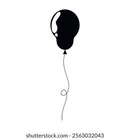Black balloon floating with a twisted string in a minimalist style