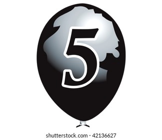 Black balloon globe with five number in black dark night