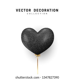 Black Balloon heart shape isolated on white background. Holiday element design realistic baloon with gold ribbon and bow