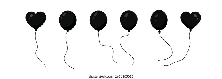 Black balloon icon set. Flat balloon icons silhouette. Party, decoration birthday balloon sign and symbol vector. Flying balloon with rope icon on white background. Bunch of balloons.