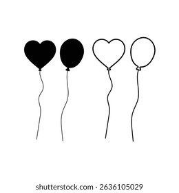 Black balloon icon set. Flat balloon icons silhouette. Party, decoration birthday balloon sign and symbol vector. Flying balloon with rope icon on white background. Bunch of balloons.