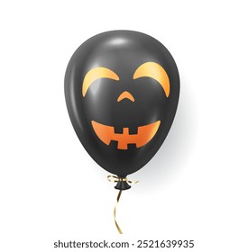 Globo negro con la cara sonriente jack-o-lantern naranja Ilustración vectorial realista. Imagen de objetos 3d de diseño de Halloween sobre fondo blanco