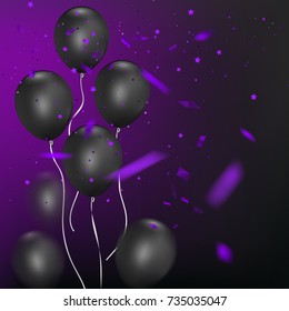 Black balloons with colorful confetti on dark background, festive atmosphere for your design. Vector, eps 10