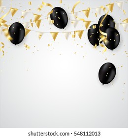 Black balloons, confetti and streamers on white background. Vector illustration.