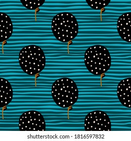 Black balloons elements with yellow dots seamless pattern. Blue stripped background. Holiday fun artwork. Great for wallpaper, textile, wrapping paper, fabric print. Vector illustration.