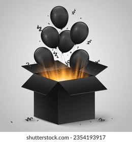 Black balloons fly out of open 3d box with a golden glow and magical dust. Graphic elements for sale design. Vector illustration. EPS 10.