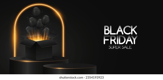 Globos negros salen volando de una caja 3D abierta con resplandor dorado y polvo mágico parado contra un lujoso podio. Elementos gráficos para la venta del Black Friday. Ilustración vectorial.