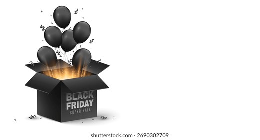 Los globos negros vuelan fuera de la caja abierta 3D con efecto de luz mágica y polvo brillante sobre fondo blanco para la venta del viernes negro. Ilustración vectorial.