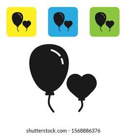 Black Balloons in form of heart with ribbon icon isolated on white background. Set icons colorful square buttons. Vector Illustration