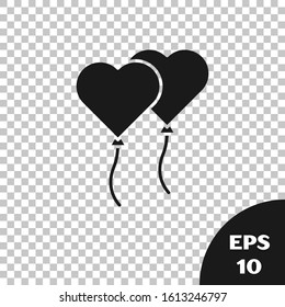 Black Balloons in form of heart with ribbon icon isolated on transparent background. Valentines day.  Vector Illustration