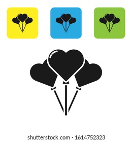 Black Balloons in form of heart with ribbon icon isolated on white background. Set icons colorful square buttons. Vector Illustration