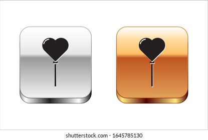 Black Balloons in form of heart with ribbon icon isolated on white background. Silver-gold square button. Vector Illustration