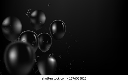 Black balloons isolated on dark background. Vector realistic black balloons. Party and celebration dark background. Birthday and holidays