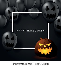 Black balloons and Jack O Lantern decoration on black background for Halloween