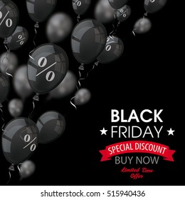 Black balloons with percents with black friday text on the white. Eps 10 vector file.