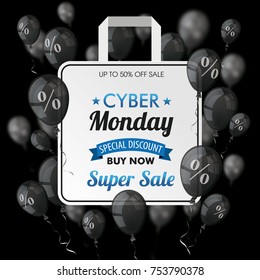 Black balloons with percents and shopping bag for cyber monday on the dark background. Eps 10 vector file.