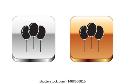 Black Balloons with ribbon icon isolated on white background. Silver-gold square button. Vector Illustration